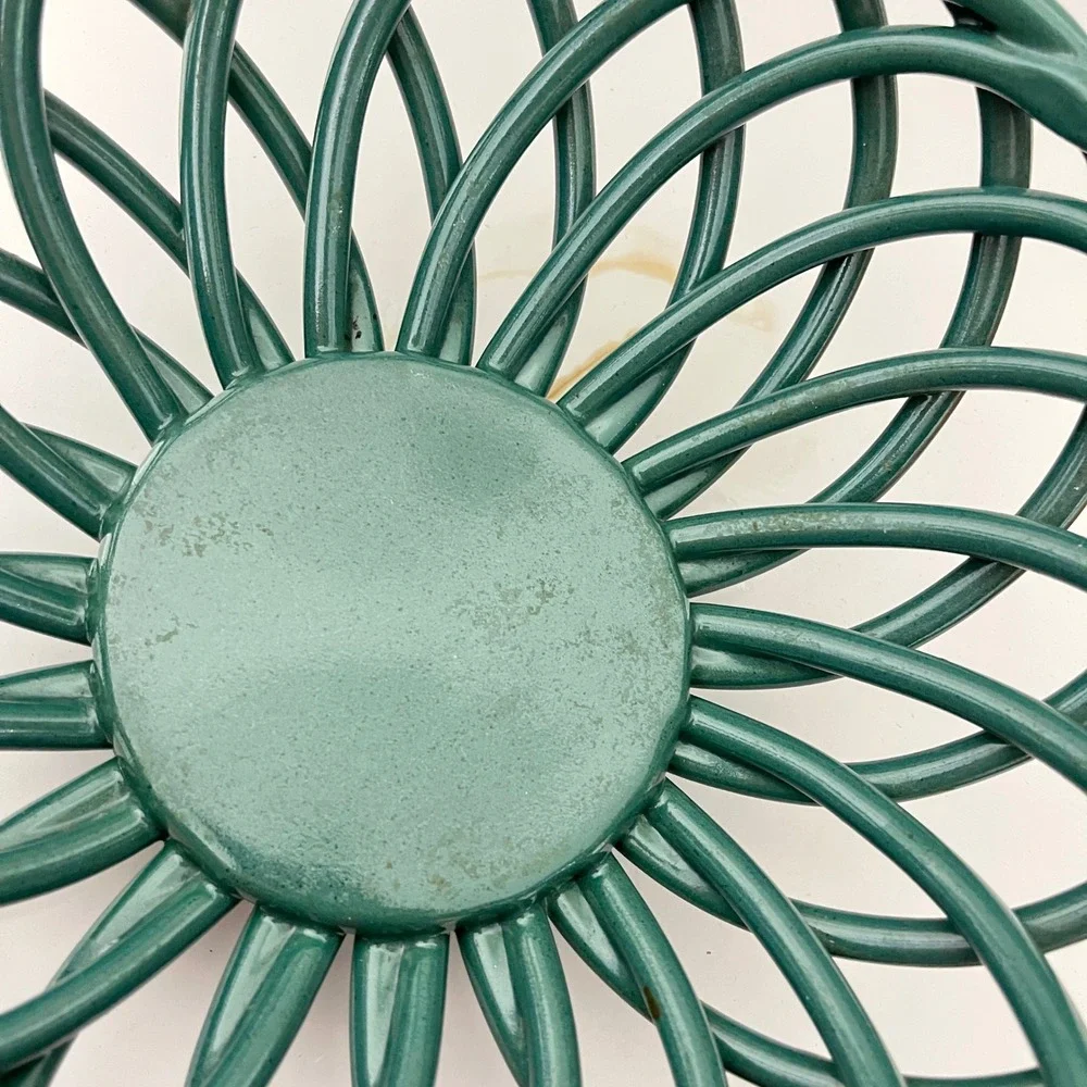 Vintage Ceramic Lattice Fruit Bowl  Teal Green Woven Spiral Design